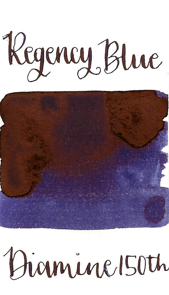 Diamine Regency Blue is a dark blue fountain pen ink with a violet undertone and high pink sheen.