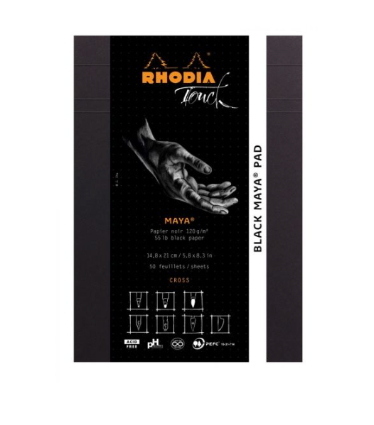 Rhodia Touch Bloc Black Maya Pad A4+ - Papier Clairefontaine 120g/m², Réglure Cross, 50 Feuillets