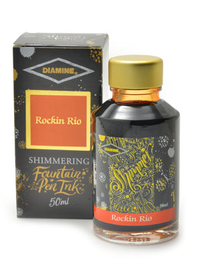 Diamine Shimmertastic Rockin Rio fountain pen ink is available in a 50ml glass bottle.