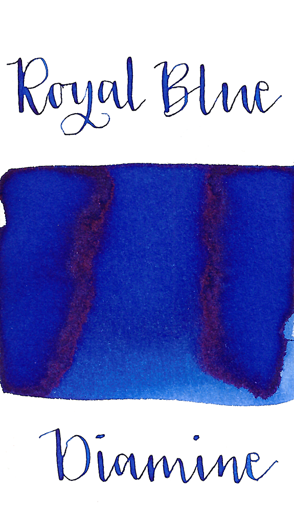 Diamine Royal Blue is a pretty, neutral blue fountain pen ink with low shading and a pop of brown sheen in large swabs.