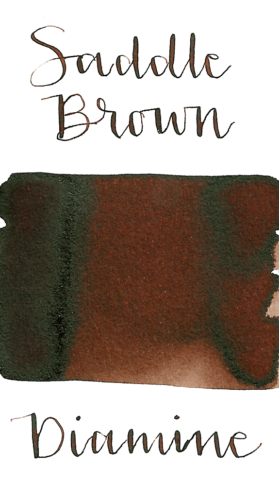 Diamine Saddle Brown is a medium cool-toned brown fountain pen ink with low shading.