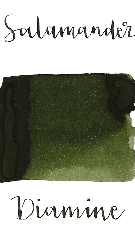 Diamine Salamander is a dark olive-toned green fountain pen ink with low shading