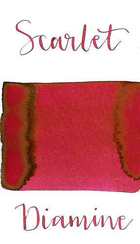 Diamine Scarlet is a vivid dark pink, bordering on red fountain pen ink with low shading and gold sheen, especially in large swabs.
