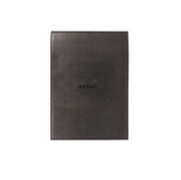 Rhodia Pad Holder with pen loop - Lightly grained leatherette cover comes complete with one #16 Rhodia graph pad, Inner pocket for notes & receipts  Measures 6 x 8 ¾" 80 Sheets (160 Pages) Graph Pages White Acid-Free Paper Paper Weight: 80 GSM Black Leatherette Cover Holds #16 Rhodia top staplebound note pads