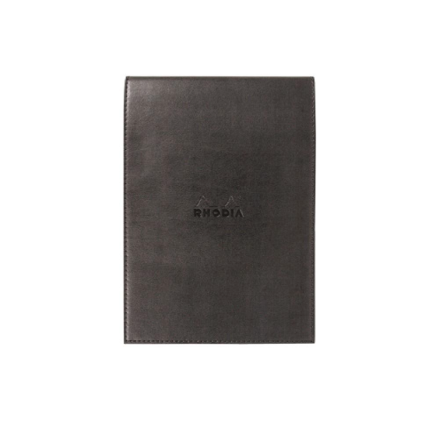 Rhodia Pad Holder with pen loop - Lightly grained leatherette cover comes complete with one #16 Rhodia graph pad, Inner pocket for notes & receipts  Measures 6 x 8 ¾" 80 Sheets (160 Pages) Graph Pages White Acid-Free Paper Paper Weight: 80 GSM Black Leatherette Cover Holds #16 Rhodia top staplebound note pads