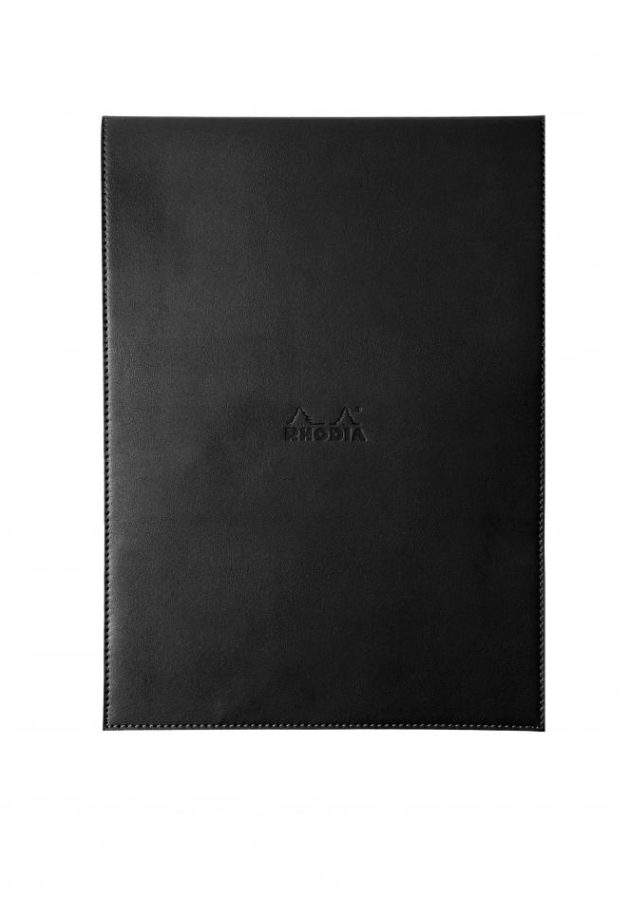 Pad Holders with Pen Loop - Lightly grained leatherette covers with embossed logo, comes complete with one #18 orange Rhodia graph pad, Inner pocket for notes & receipts.  Measures 8 1/4 x 11 3/4" 80 Sheets (160 Pages) Graph Pages White Acid-Free Paper Paper Weight: 80 GSM Black Leatherette Cover Holds and #18 Rhodia top staplebound note pads