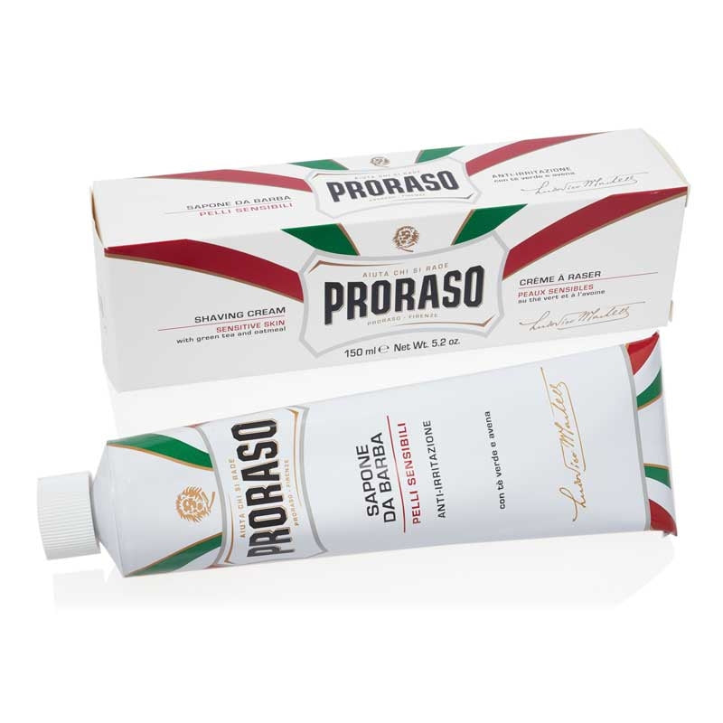 Proraso Shaving Cream for Sensitive Skin provides a rich, creamy lather to prepare skin prone to irritation for a close shave without razor burn. Oatmeal and Green Tea soothe and protect inflamed, sensitive skin. Features a hint of the light, refreshing scent of lime and apple.
