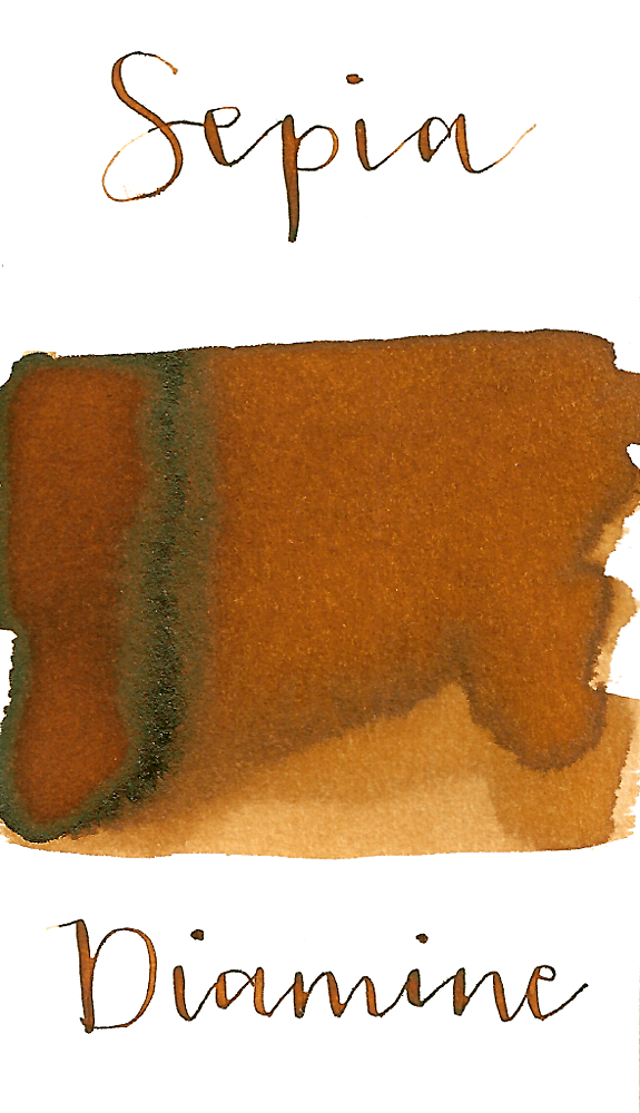 Diamine Sepia is a warm yellow-brown fountain pen ink with medium shading and low brown sheen.