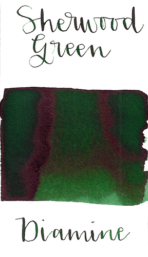 Diamine Sherwood Green is a classic forest green fountain pen ink with medium shading and low red sheen.
