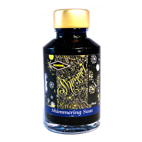 Diamine Shimmertastic Shimmering Seas fountain pen ink is available in a 50ml glass bottle.