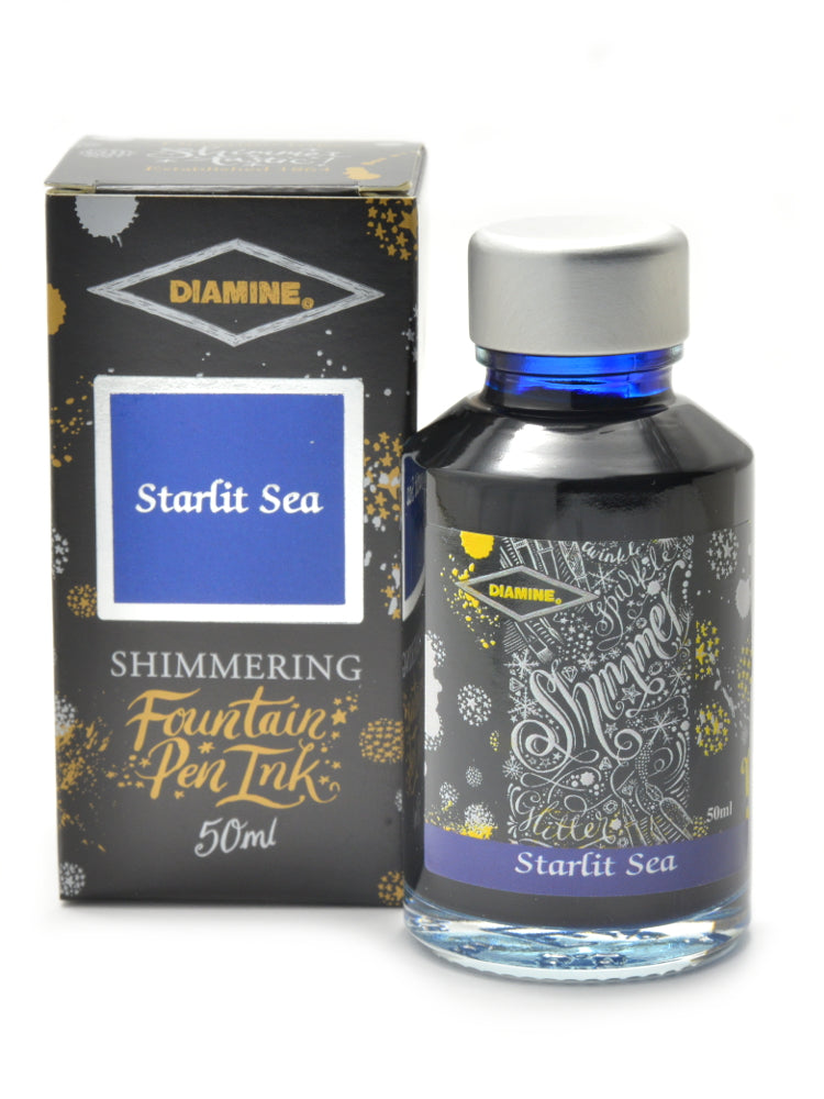Diamine Shimmertastic Starlit Sea fountain pen ink is available in a 50ml glass bottle.