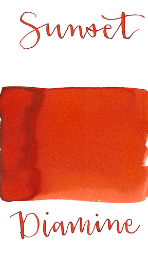 Diamine Sunset is a vibrant red-orange fountain pen ink with medium shading.