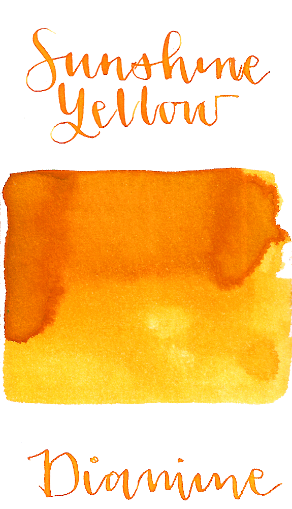 Diamine Sunshine Yellow is a cheerful bright yellow-orange fountain pen ink  with low shading.