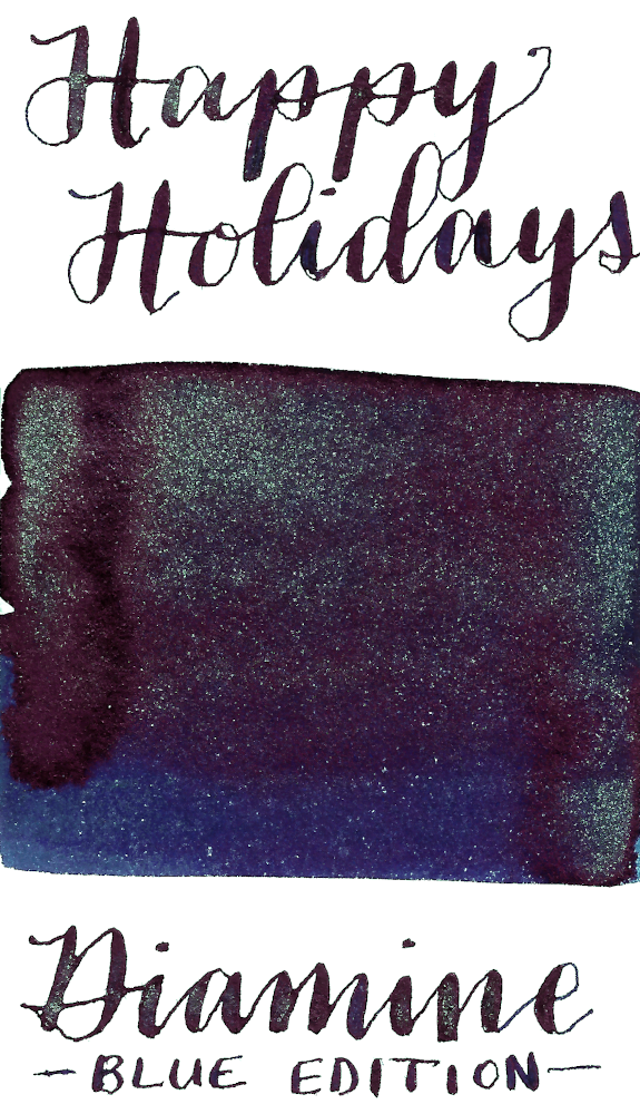 Diamine Blue Edition Happy Holidays is deep velvety blue fountain pen ink that also features copper sheen and aqua blue-green shimmer.