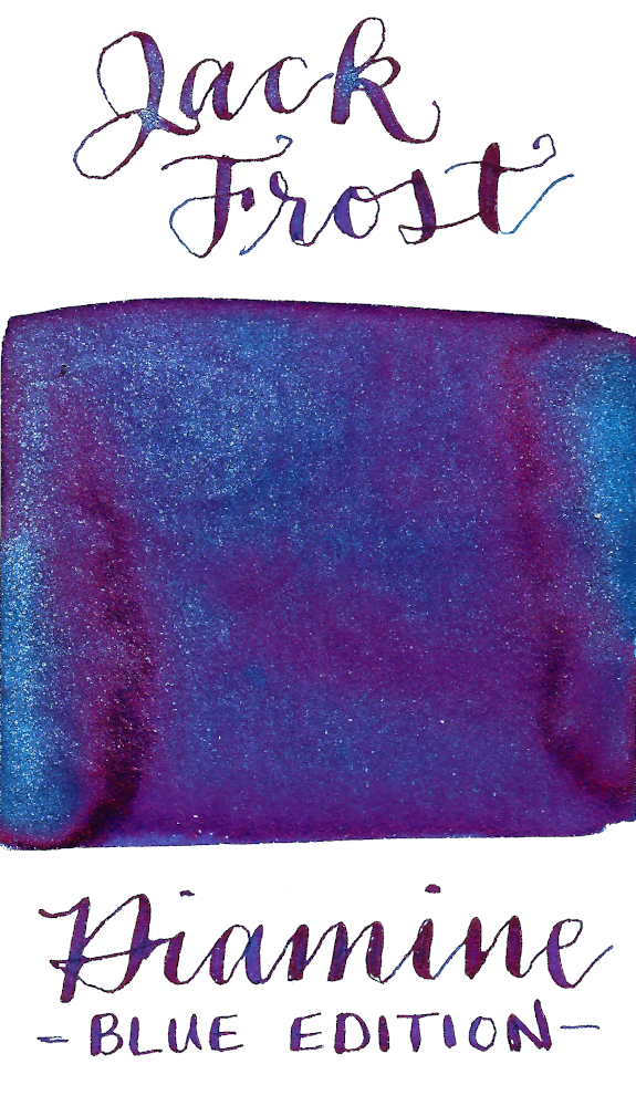 Diamine Blue Edition Jack Frost is a saturated blue fountain pen ink that also features bright red sheen and frosty blue shimmer.