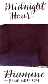 Diamine Blue Edition Midnight Hour is a saturated blue black fountain pen ink with high copper sheen.