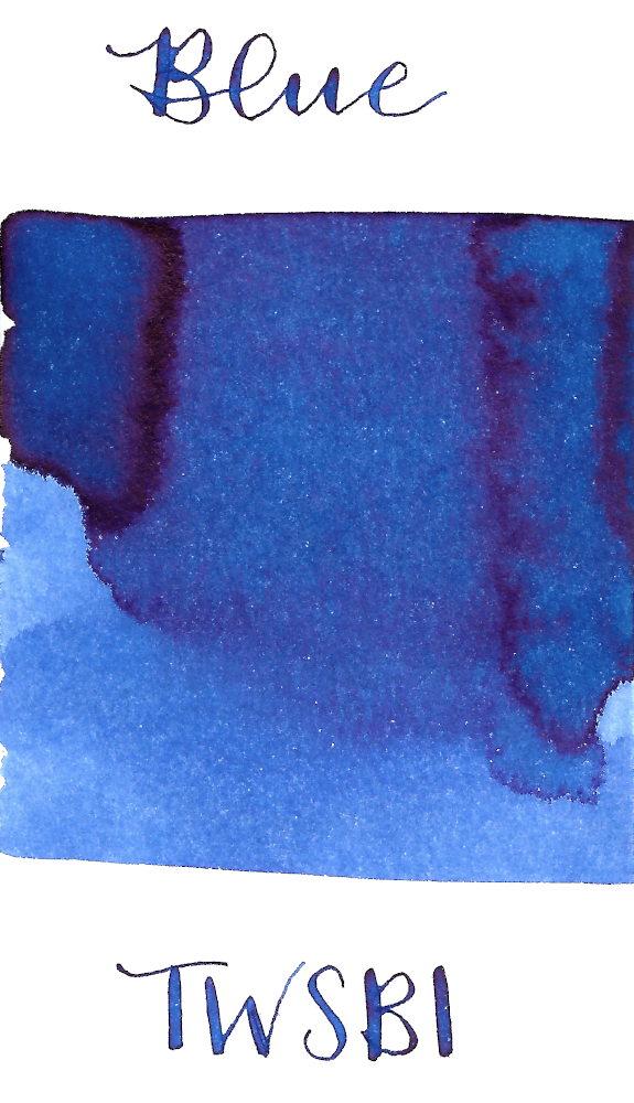 TWSBI Sapphire Blue is a medium cornflower blue fountain pen ink with medium shading and low pink sheen. It dries in 20 seconds in a medium nib on Rhodia paper