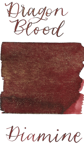 Diamine Dragon Blood from the 2019 Shimmertastic collection is a desaturated red-brown fountain pen ink with low shading and gold shimmer.