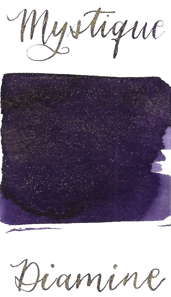 Diamine Mystique from the 2019 Shimmertastic collection is a dusky, dark purple fountain pen ink with low shading and gold shimmer.