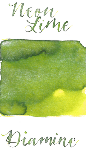 Diamine Neon Lime from the 2019 Shimmertastic collection is a light spring green fountain pen ink with low shading and silver shimmer.