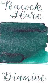 Diamine Peacock Flare from the 2019 Shimmertastic collection is a deep teal fountain pen ink with medium shading and silver shimmer.