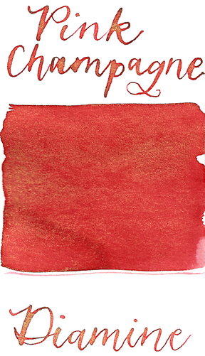 Diamine Pink Champagne from the 2019 Shimmertastic collection is a coral pink fountain pen ink with gold shimmer.