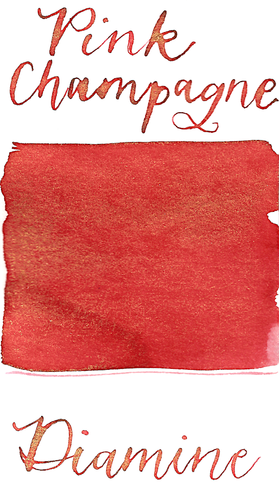 Diamine Pink Champagne from the 2019 Shimmertastic collection is a coral pink fountain pen ink with gold shimmer.