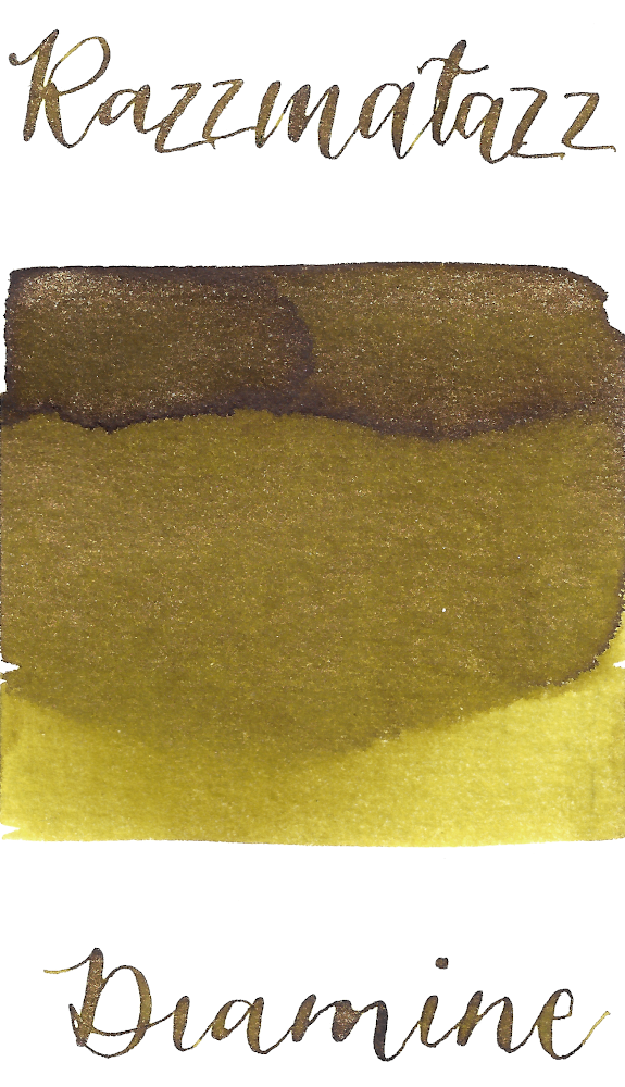 Diamine Razzmatazz from the 2019 Shimmertastic collection is a desaturated pea green fountain pen ink with medium shading and gold shimmer