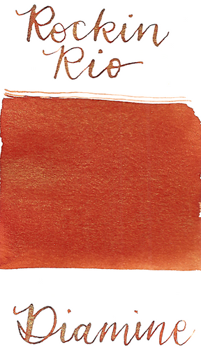 Diamine Rockin Rio from the 2019 Shimmertastic collection is a medium burnt orange fountain pen ink with low shading and gold shimmer.