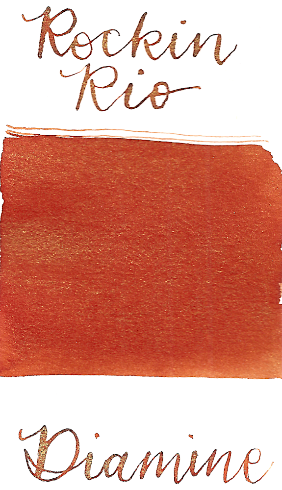 Diamine Rockin Rio from the 2019 Shimmertastic collection is a medium burnt orange fountain pen ink with low shading and gold shimmer.