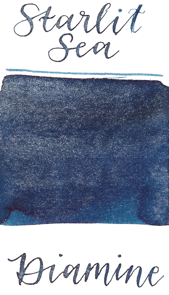 Diamine Starlit Sea from the 2019 Shimmertastic collection is a dark blue fountain pen ink with low shading  and silver shimmer.