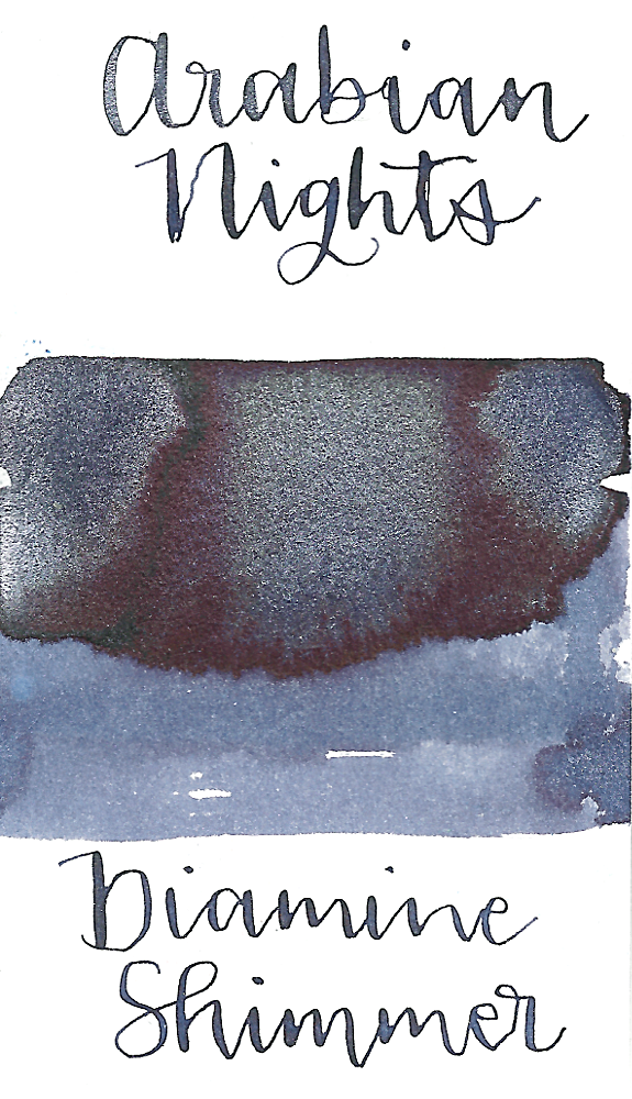 Diamine Arabian Nights from the 2017 Shimmertastic collection is a deep blue black fountain pen ink with medium shading and silver shimmer.