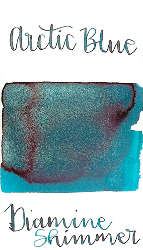 Diamine Arctic Blue from the 2017 Shimmertastic collection is a medium turquoise blue fountain pen ink with medium shading, high pink sheen, and silver shimmer.