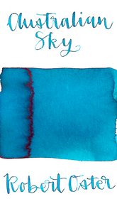 Robert Oster Australian Sky Blue is a bright turquoise blue fountain pen ink with medium shading and low pink sheen.