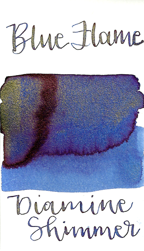 Diamine Blue Flame from the 2016 Shimmertastic collection is a cool-tone blue fountain pen ink with low shading, medium pink sheen, and gold shimmer.