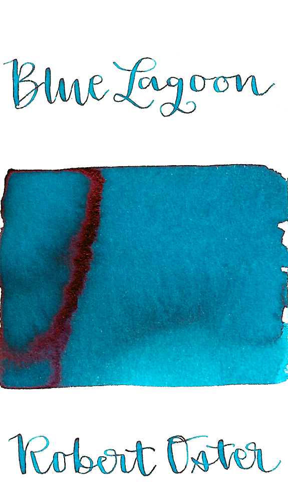 Robert Oster Blue Lagoon is a bright, turquoise blue fountain pen ink with medium shading and low pink sheen.