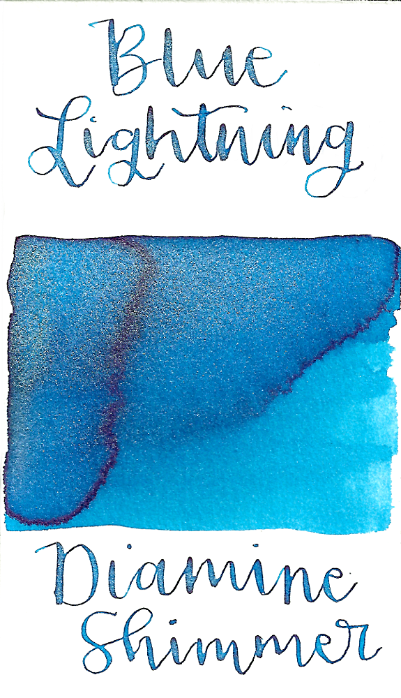 Diamine Blue Lightning from the 2015 Shimmertastic collection is a bright, sky blue fountain pen ink with low shading and silver shimmer. 