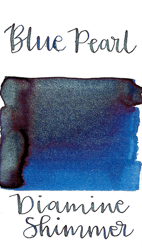 Diamine Blue Pearl from the 2015 Shimmertastic collection is a dark blue fountain pen ink with low shading, medium red sheen, and silver shimmer.
