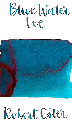 Robert Oster Blue Water Ice is a pretty medium turquoise blue fountain pen ink with medium shading and low pink sheen.