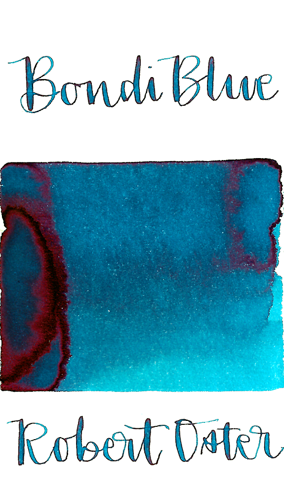Robert Oster Bondi Blue is a summery, medium turquoise blue fountain pen ink with medium shading and medium pink sheen.