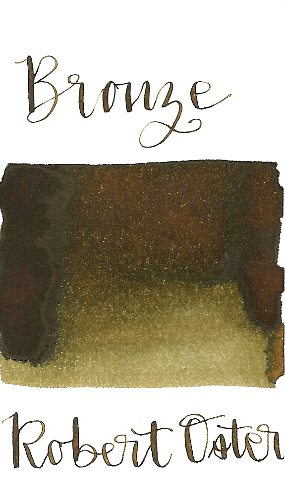 Robert Oster Bronze is a medium brown fountain pen ink with a green undertone and medium shading.