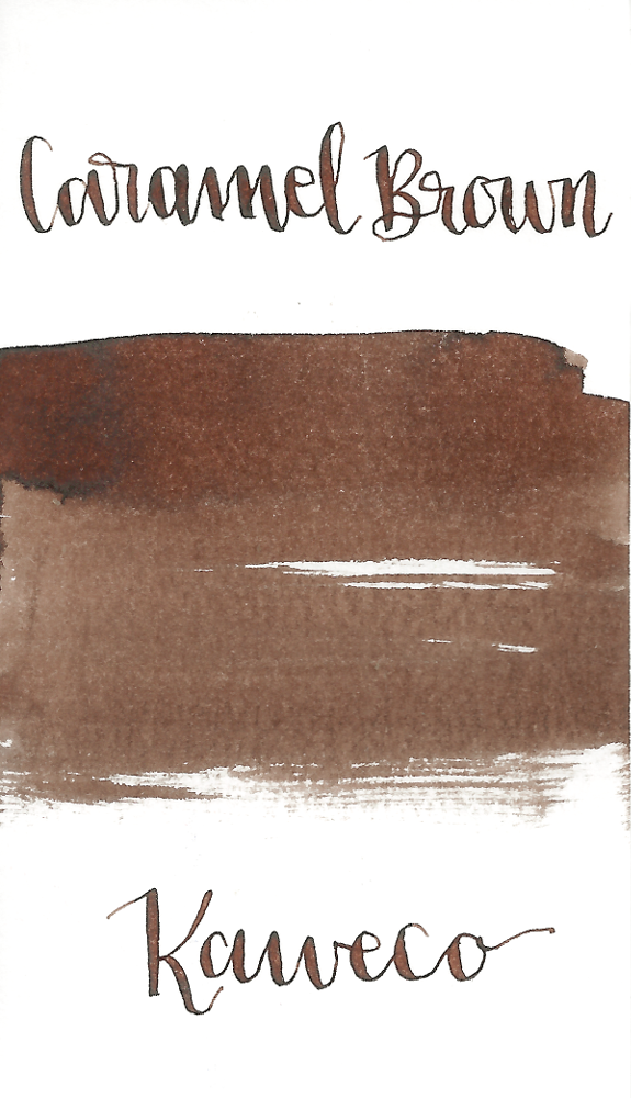 Kaweco Caramel Brown is a medium brown fountain pen ink with medium shading. It dries in 15 seconds in a medium nib on Rhodia and has an average flow. Kaweco ink is made in Germany.