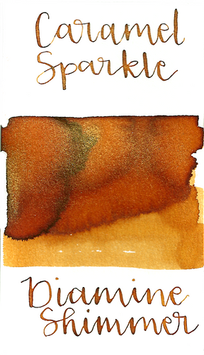 Diamine Caramel Sparkle from the 2016 Shimmertastic collection is a medium orange-brown fountain pen ink with low shading and gold shimmer.