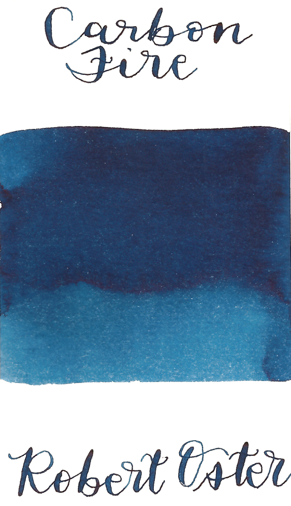 Robert Oster Carbon Fire is a pretty dark blue fountain pen ink with medium shading and medium pink sheen.