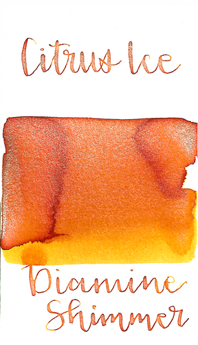 Diamine Citrus Ice from the 2017 Shimmertastic collection is a bright yellow-orange fountain pen ink with medium shading and silver shimmer.