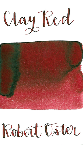 Robert Oster Clay Red is a dark red fountain pen ink with medium shading and brown sheen in large swabs.