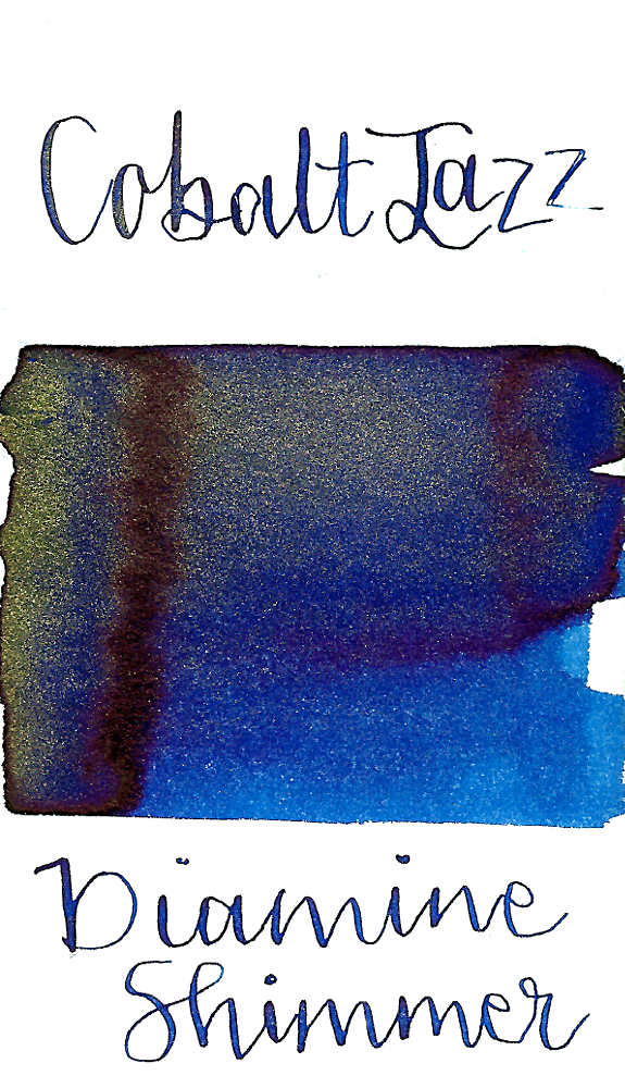 Diamine Cobalt Jazz from the 2017 Shimmertastic collection is a medium royal blue fountain pen ink with low shading, medium red sheen, and gold shimmer.