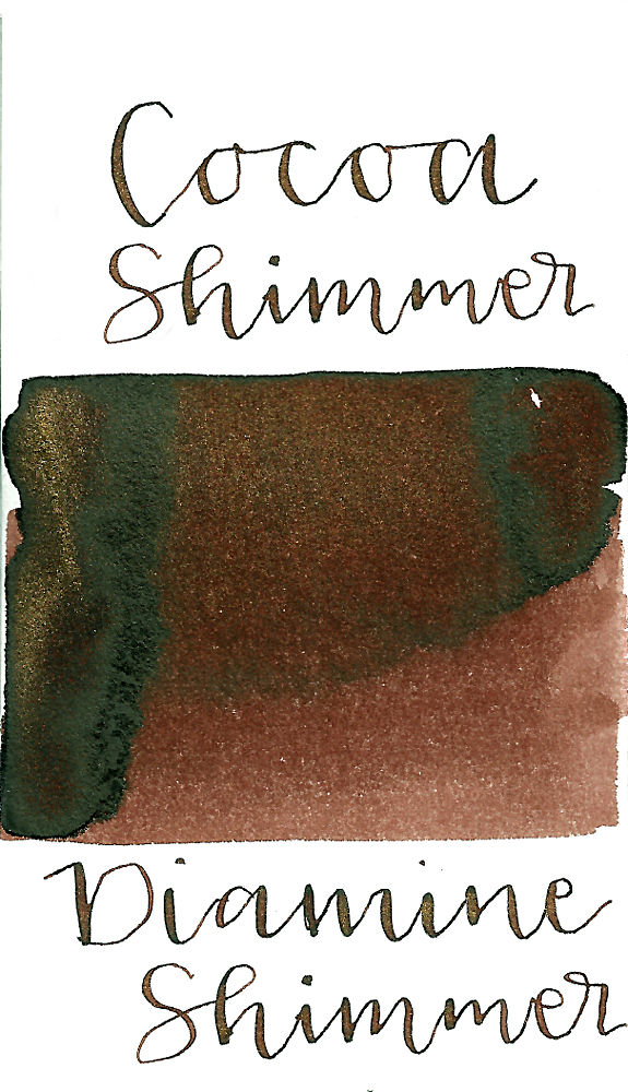 Diamine Cocoa Shimmer from the 2016 Shimmertastic collection is a warm brown fountain pen ink with low shading, low brown sheen, and gold shimmer.