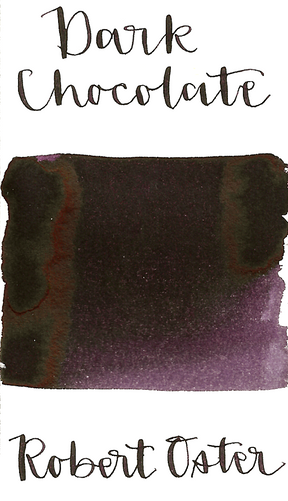 Robert Oster Dark Chocolate is a dark purple-brown fountain pen ink with medium shading and low copper sheen.