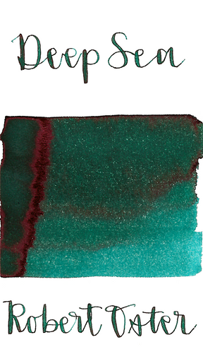 Robert Oster Deep Sea is a gorgeous dark teal fountain pen ink with medium shading and medium pink sheen.